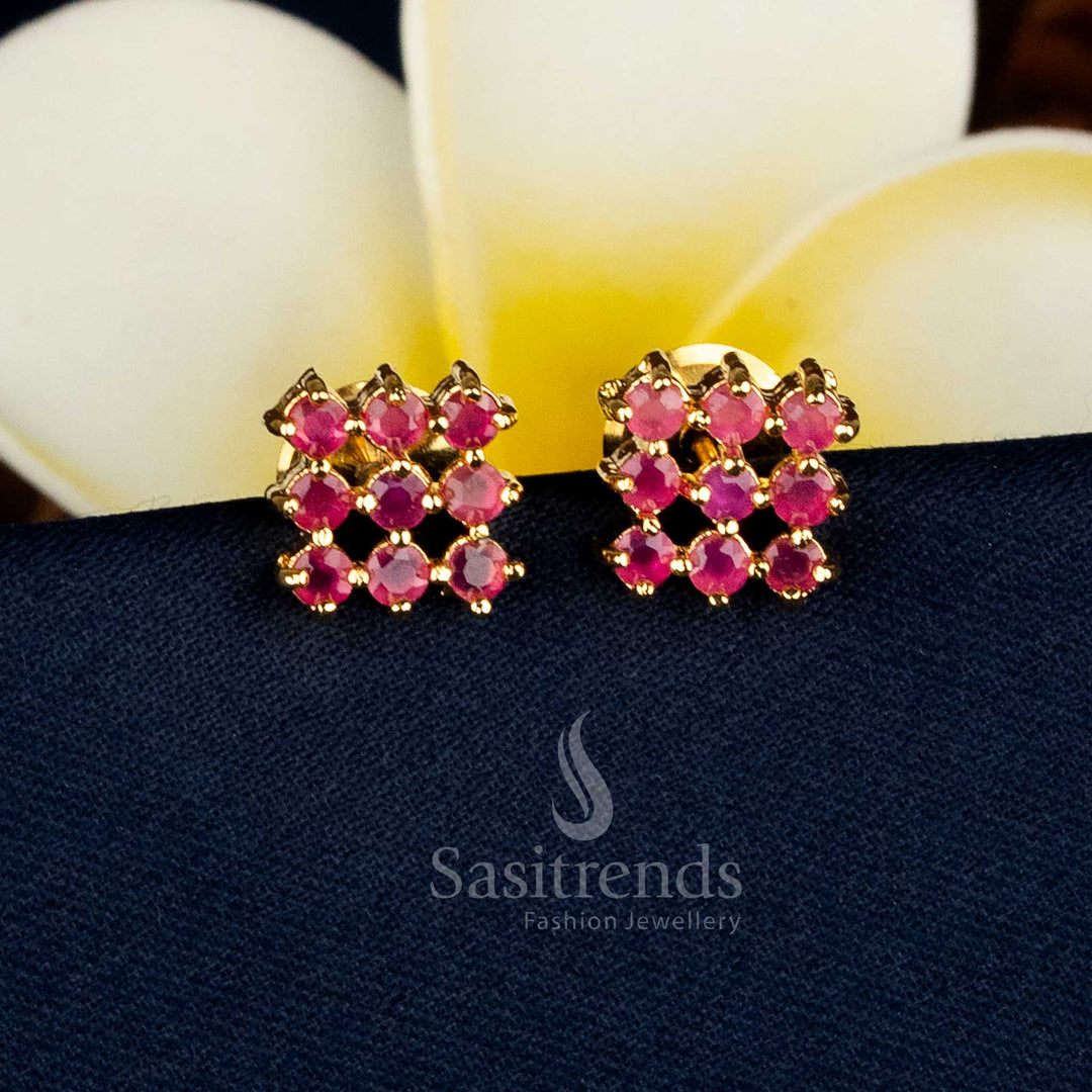 Elegant micro gold plated square earrings with Ruby AD stones and intricate luxe detailing, ideal for cultural gatherings and temple styling – Sasitrends