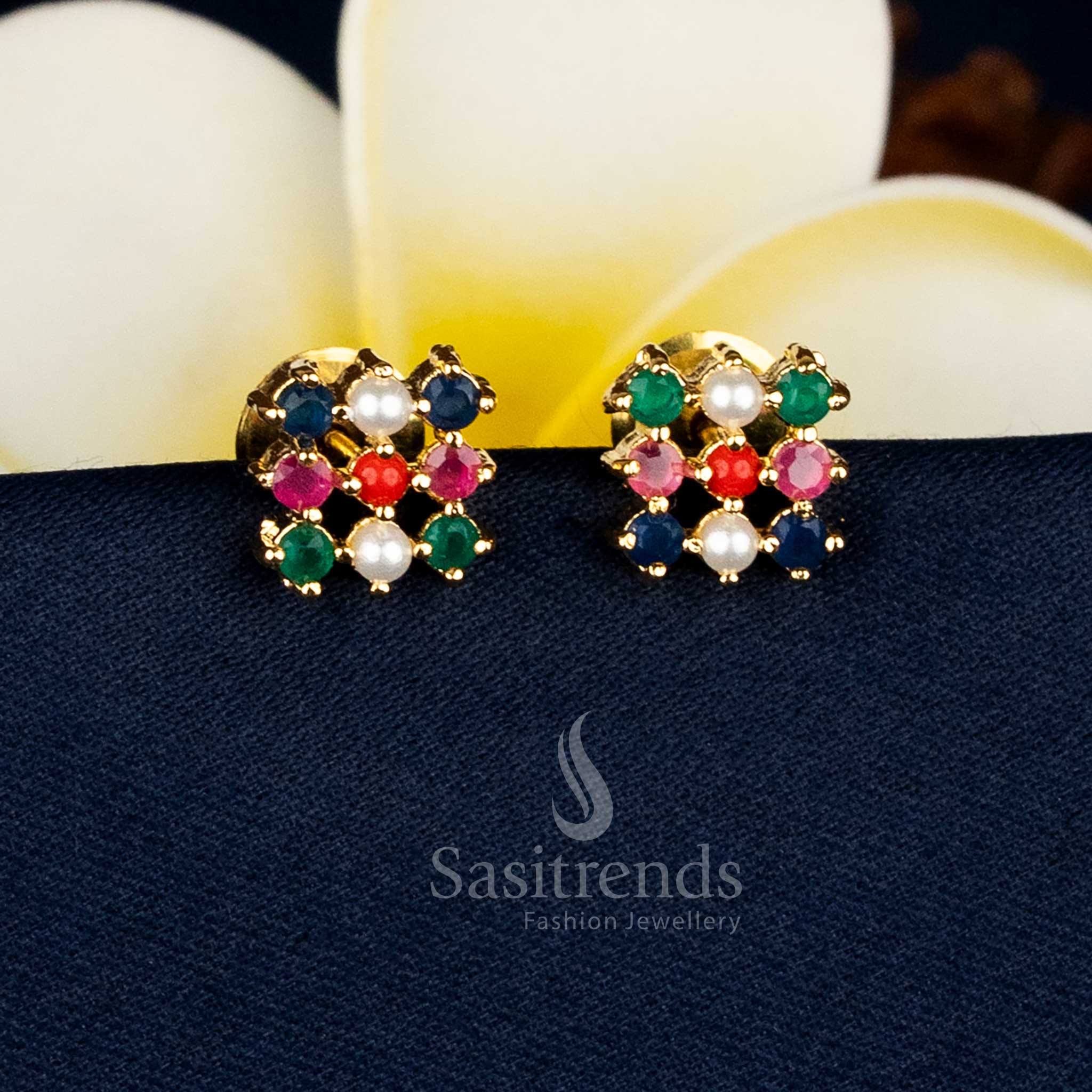 Vibrant micro gold plated square earrings adorned with navarathnam AD stones and luxe detailing, ideal for temple wear and cultural styling occasions – Sasitrends