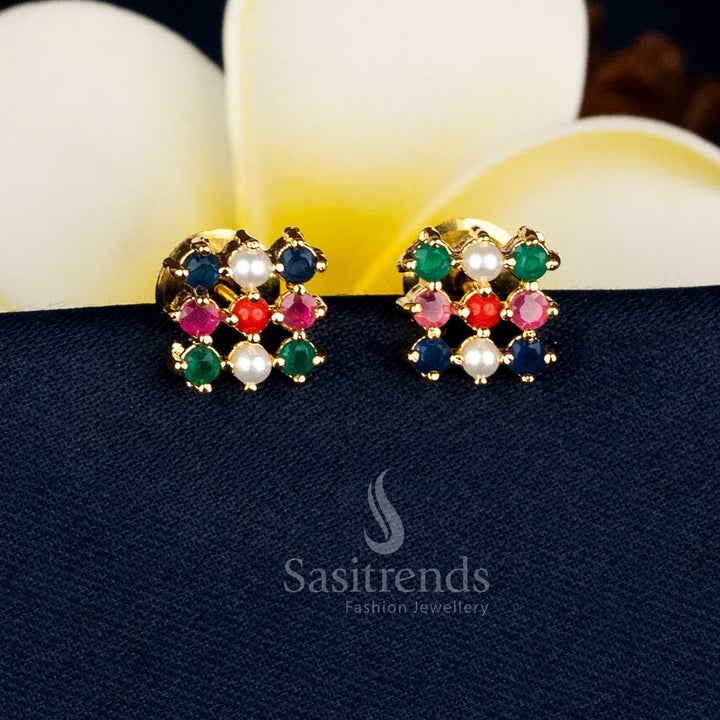 Vibrant micro gold plated square earrings adorned with navarathnam AD stones and luxe detailing, ideal for temple wear and cultural styling occasions – Sasitrends