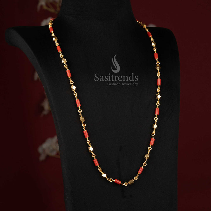 Exquisite One Gram Micro Gold Plated Chain with Red Diamond & Cylindrical Patterns - Sasitrends