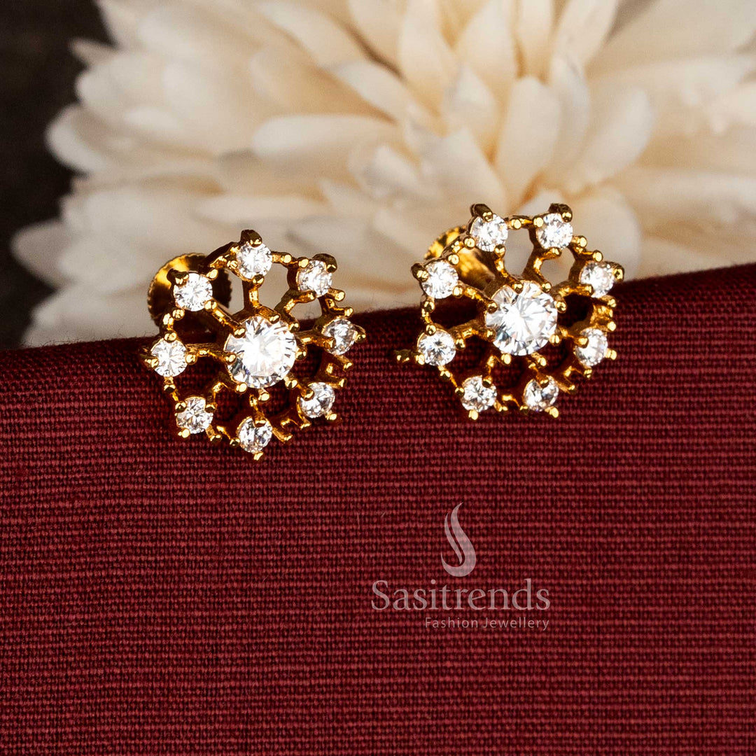 Radiant micro gold plated white AD floral stud earrings crafted with delicate shine perfect for enhancing classic South Indian traditional outfits - Sasitrends
