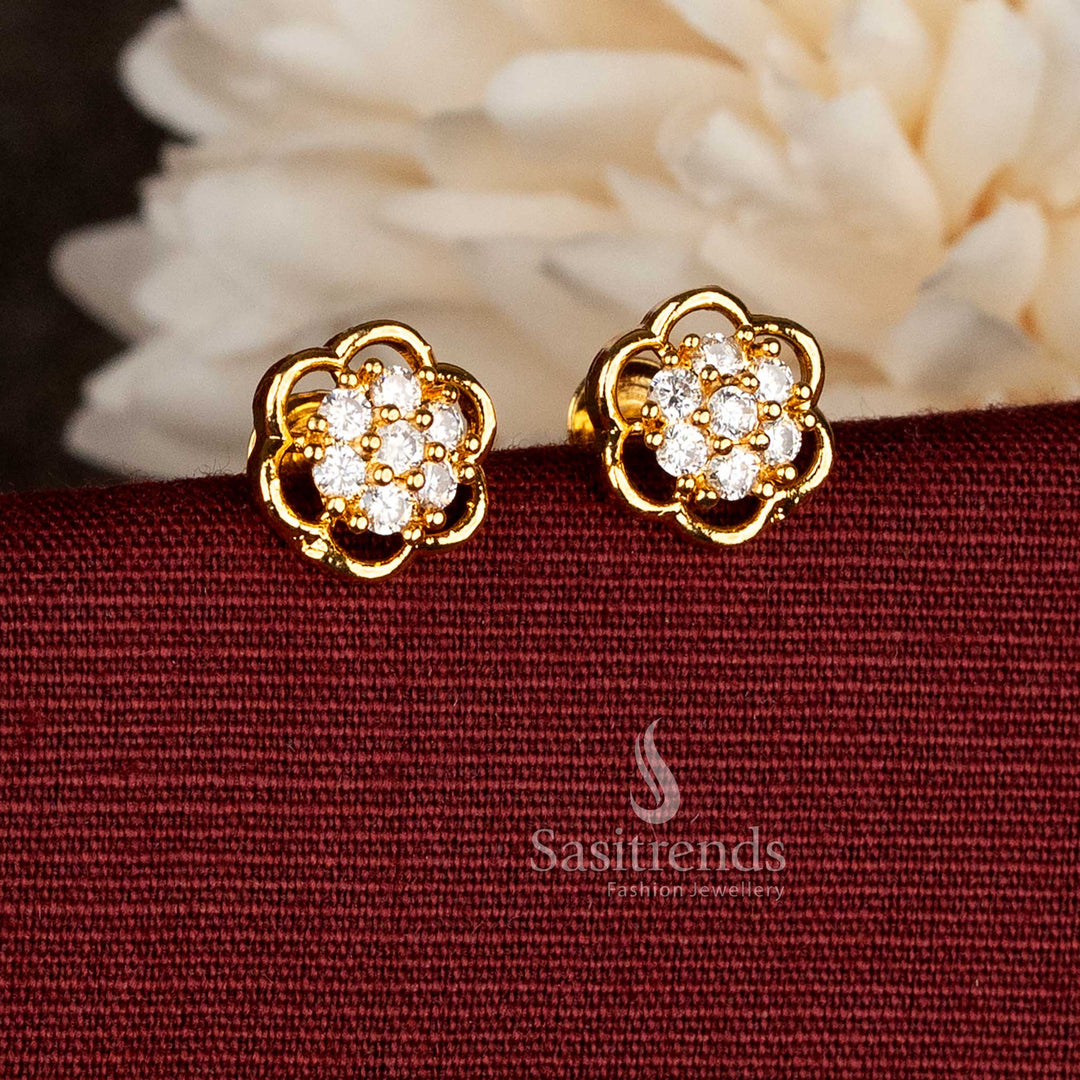 Charming micro gold plated white AD scalloped floral cluster screw stud earrings crafted for minimal beauty, clean detailing and polished everyday fashion appeal – Sasitrends