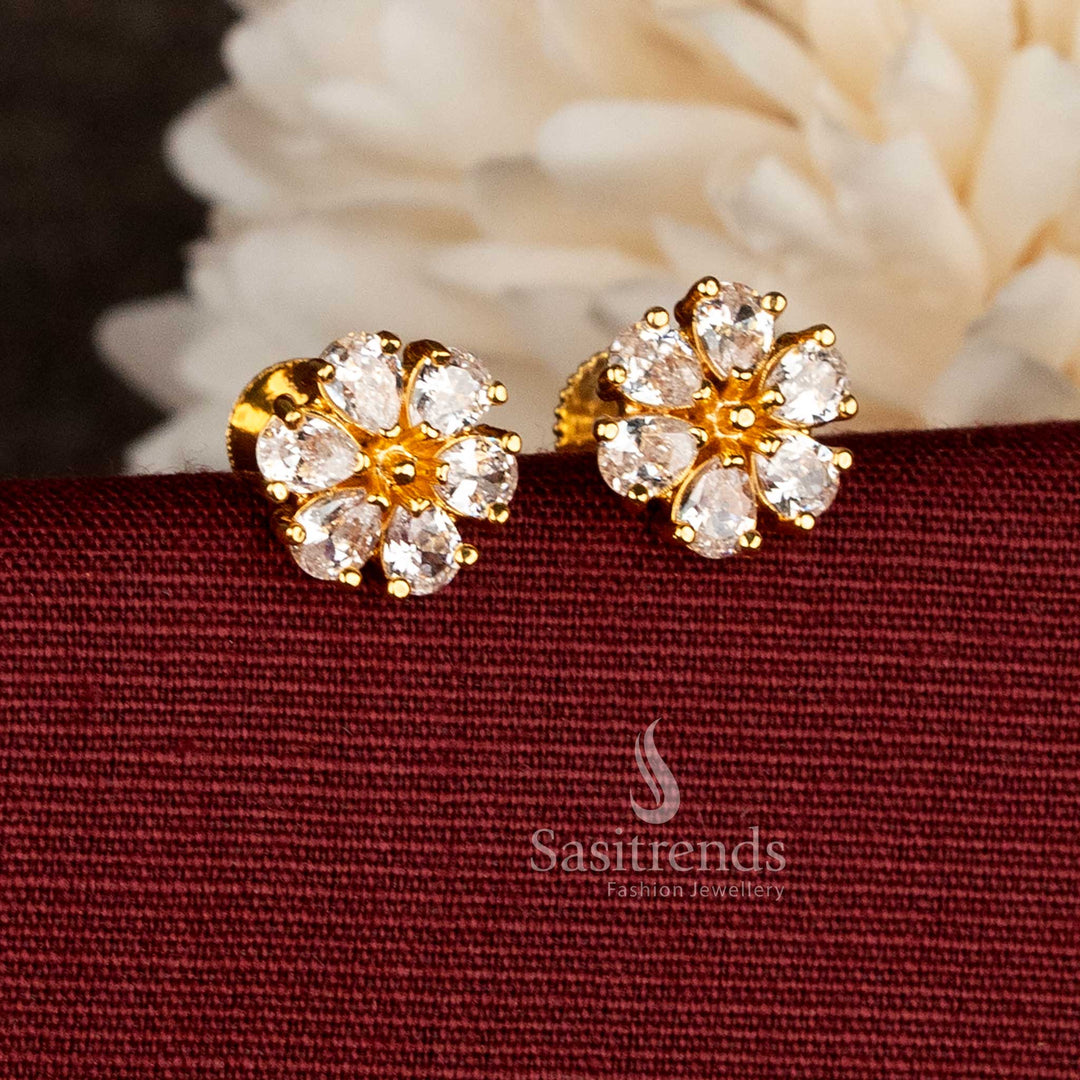 Graceful micro gold plated white AD teardrop floral screw studs designed for minimal styling, classy looks and refined daily elegance with subtle shimmer – Sasitrends