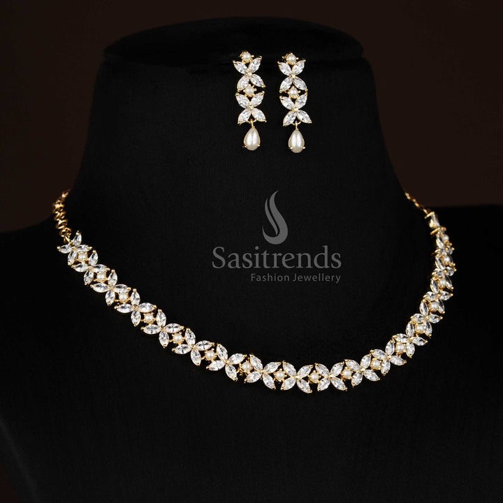 Amazing Micro Gold Plated Four Petal AD Floral Necklace Set with Pearls for Party Styling