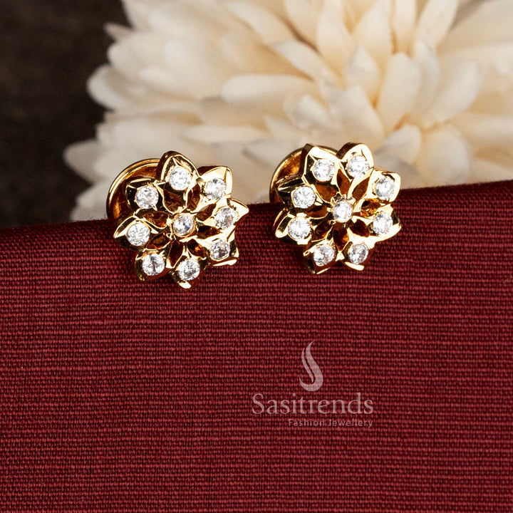 Stunning Impon Micro Gold Plated Starburst Flower Screw-Type Stud Earrings with AD Stones for Heritage Saree Styling