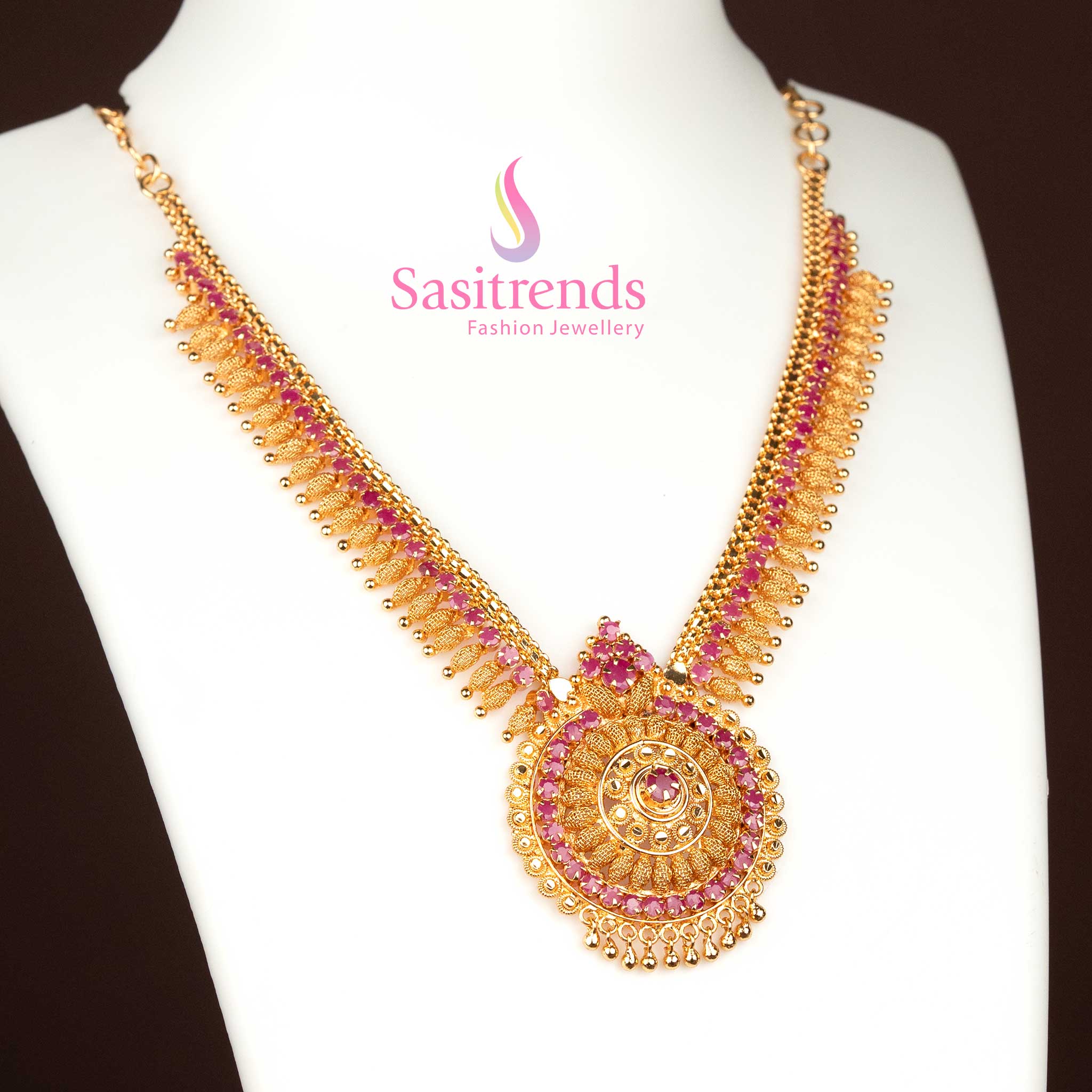Opulent ruby micro gold plated circular pendant necklace featuring AD stones and intricate golden bead craftsmanship for exquisite festive attire – Sasitrends