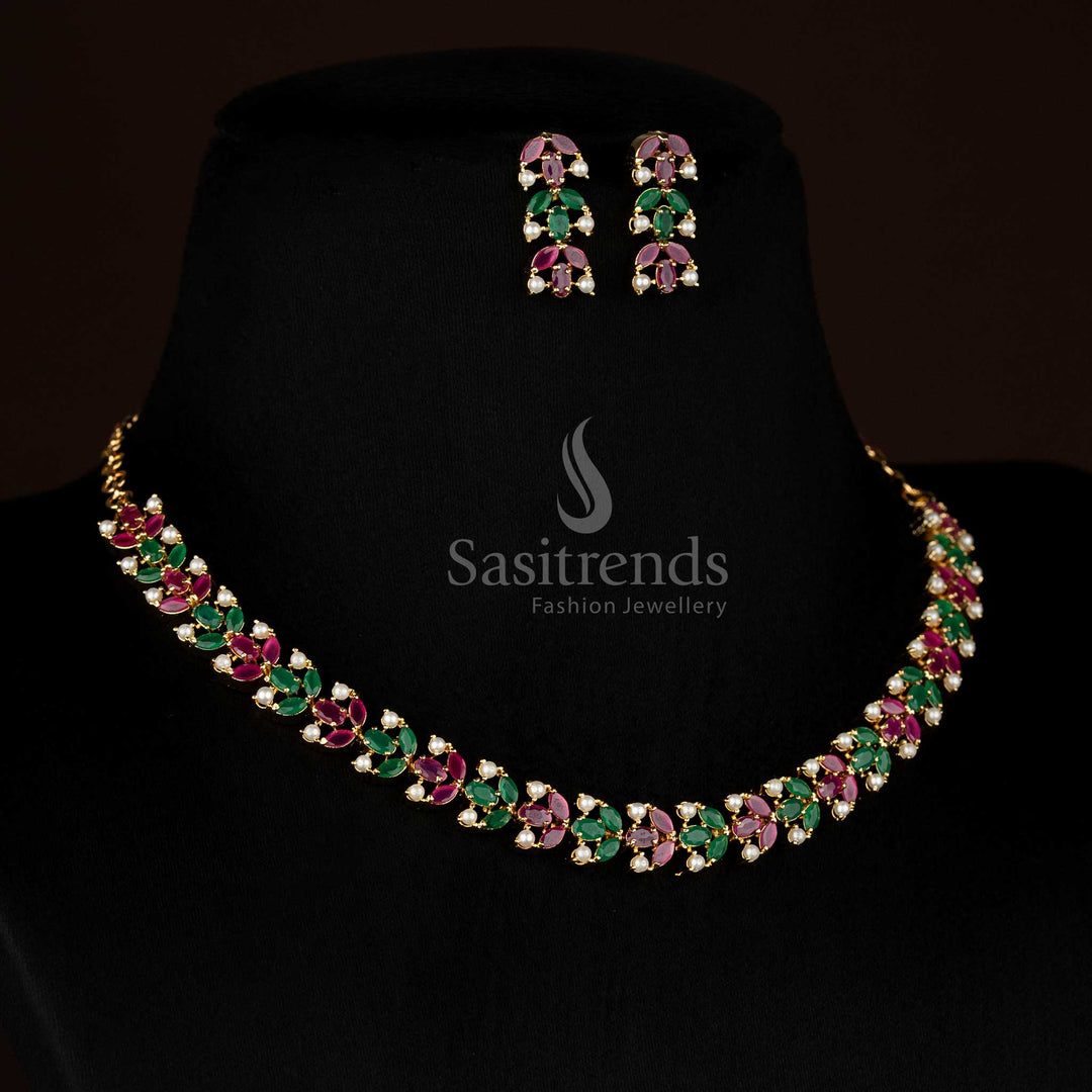 Splendid micro gold plated ruby green crescent teardrop and round AD necklace set with pearl accents styled for festive occasions-Sasitrends