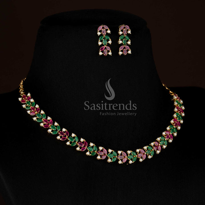 Attractive Micro Gold Plated Crescent Teardrop & Round AD Necklace Set with Pearl Accents for Festive Occasions