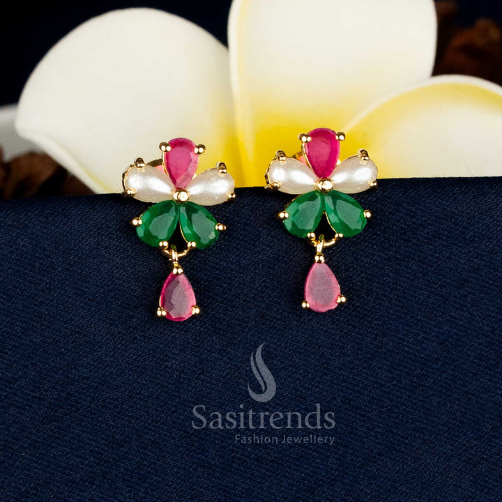 Imperial Dusk micro gold plated teardrop floral earrings featuring AD stones with pearl, ruby, and green detailing, perfect for festive celebrations and family gatherings – Sasitrends
