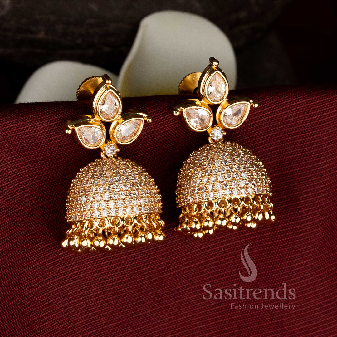 Elegant traditional micro gold plated white AD three leaf petal jhumkas with golden beads for festive - ethnic jewellery - Sasitrends