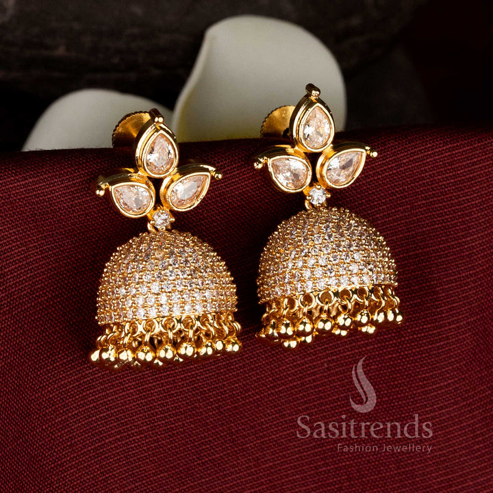 Guaranteed Micro Gold Plated Three-Leaf Petal AD Jhumka Earrings with Golden Beads – Screw Type for Cultural & Festive Wear