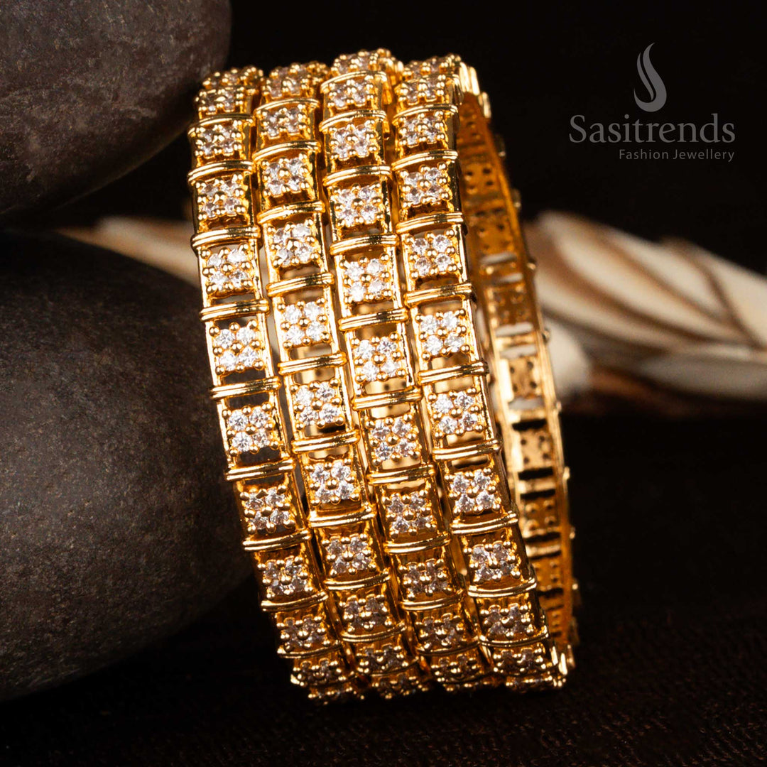 Micro Gold Plated White stone Bangles set of 4 for festivals - Sasitrends