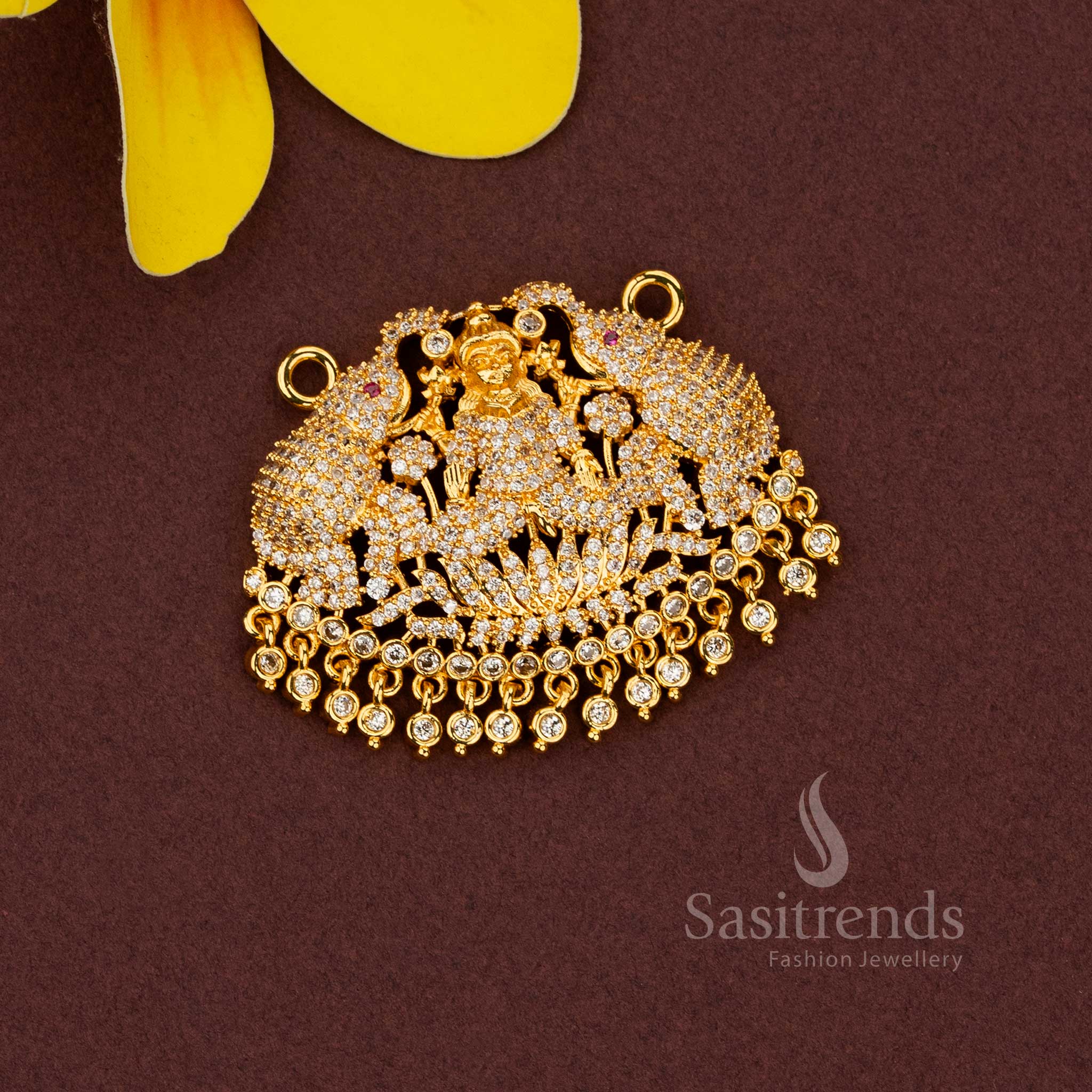 Elegant micro gold plated pendant featuring dual elephant motifs with Lakshmi centerpiece, adorned with AD stones, perfect for temple rituals and wedding occasions – Sasitrends