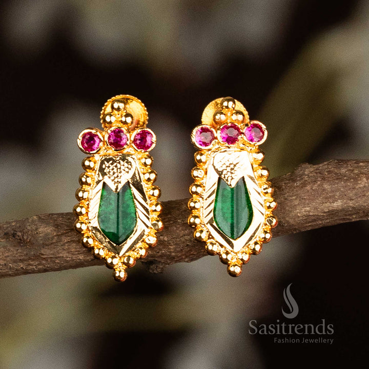 Green Palakka earrings with traditional Nagapadam silhouette and three American diamond stones on the head, adorned in micro gold – vibrant Kerala temple-style festive jewellery by Sasitrends