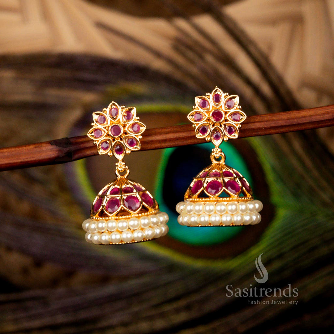 Majestic micro gold plated guaranteed ad stone floral dome pearl earrings in ruby for bridal and wedding style - Sasitrends
