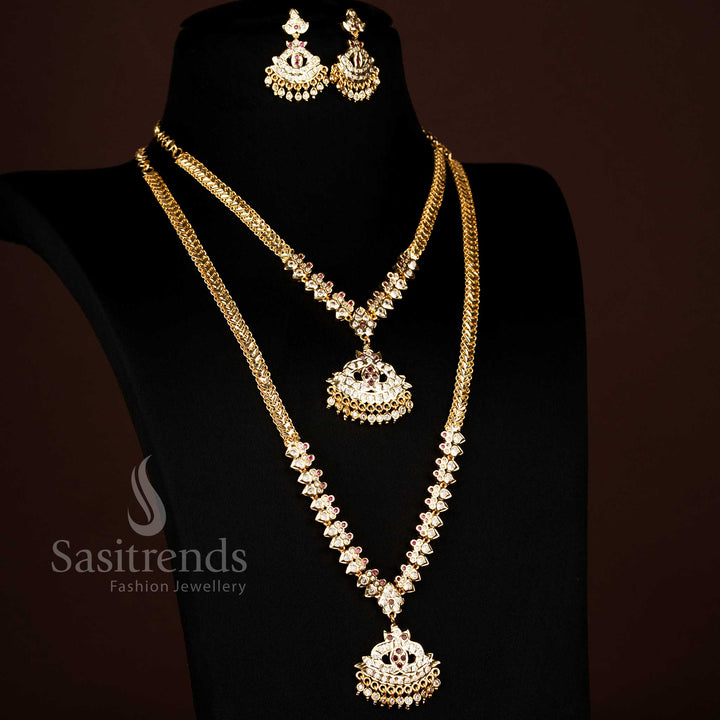 Traditional One Gram Micro Gold Plated Impon Long Short Combo Necklace Set with Earrings For Festive Wear