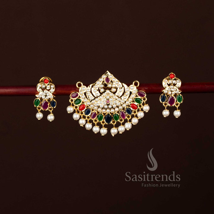 Heritage Punjabi Jadau Micro Gold Plated Stylised Crescent Pendant Earrings with Pearl Drops for Bridal & Festive Looks