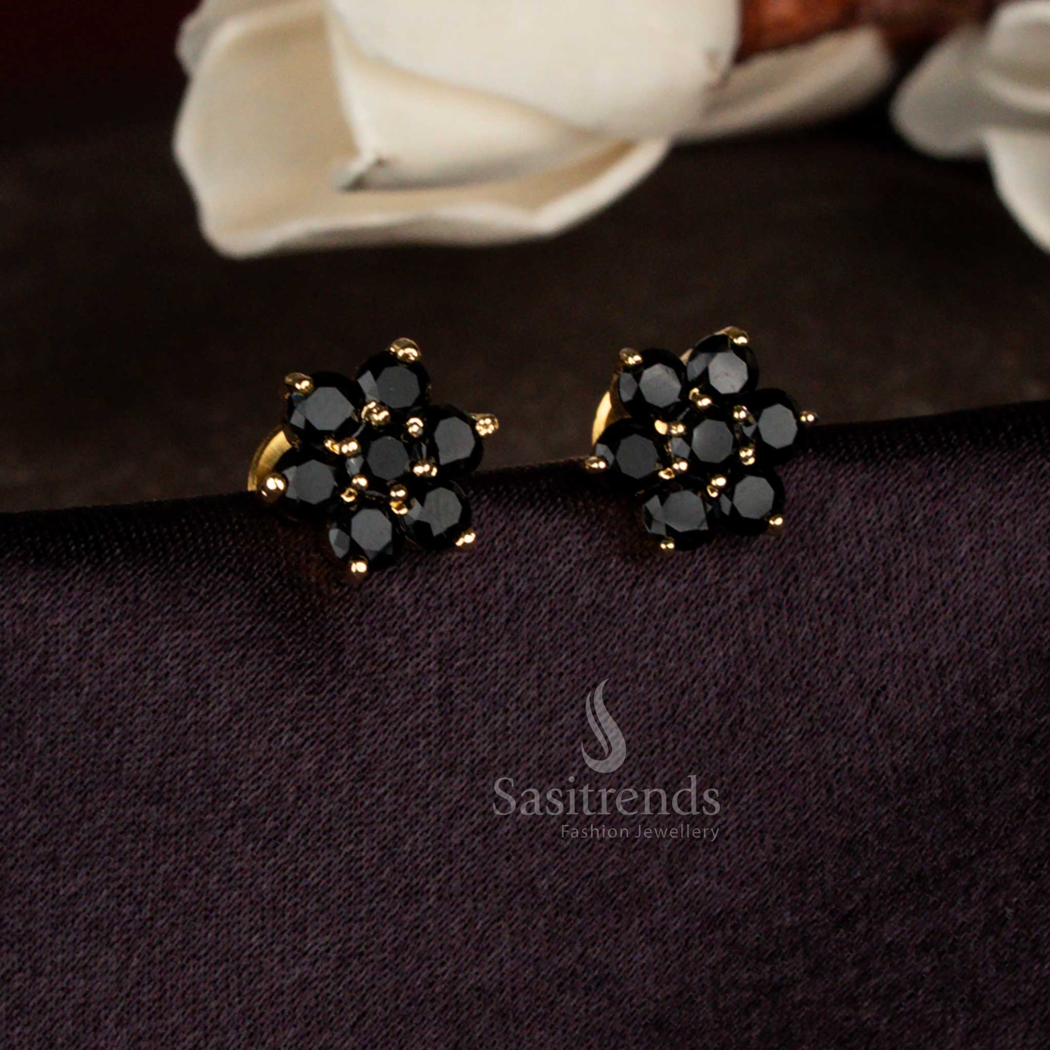 Bold black micro gold plated round AD stone flower stud earrings with pearl accents suited for evening celebrations and elegant gift choices – Sasitrends