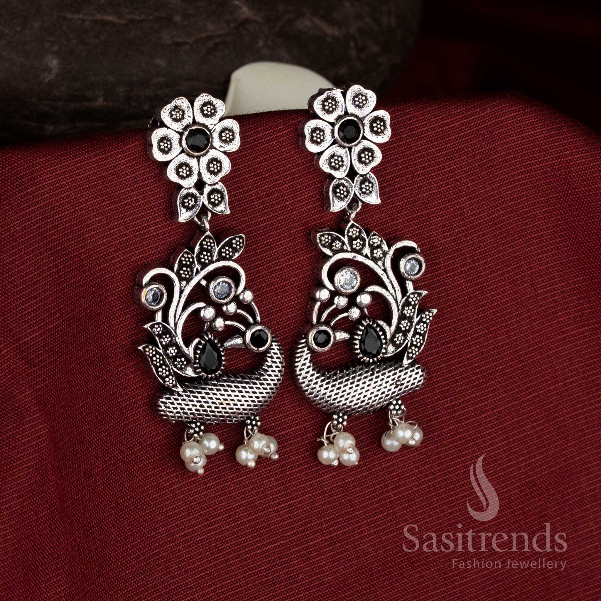 Heritage shadow oxidised silver floral peacock black white pearl hanging earrings for cultural refinement jewellery - Sasitrends