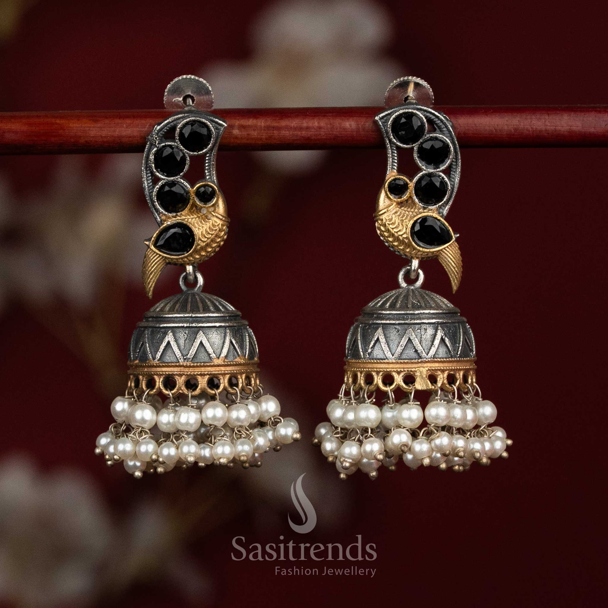 Bold tradition oxidised black silver dual tone peacock Monalisa jhumkas with pearl drop earrings for cultural - jewellery - Sasitrends