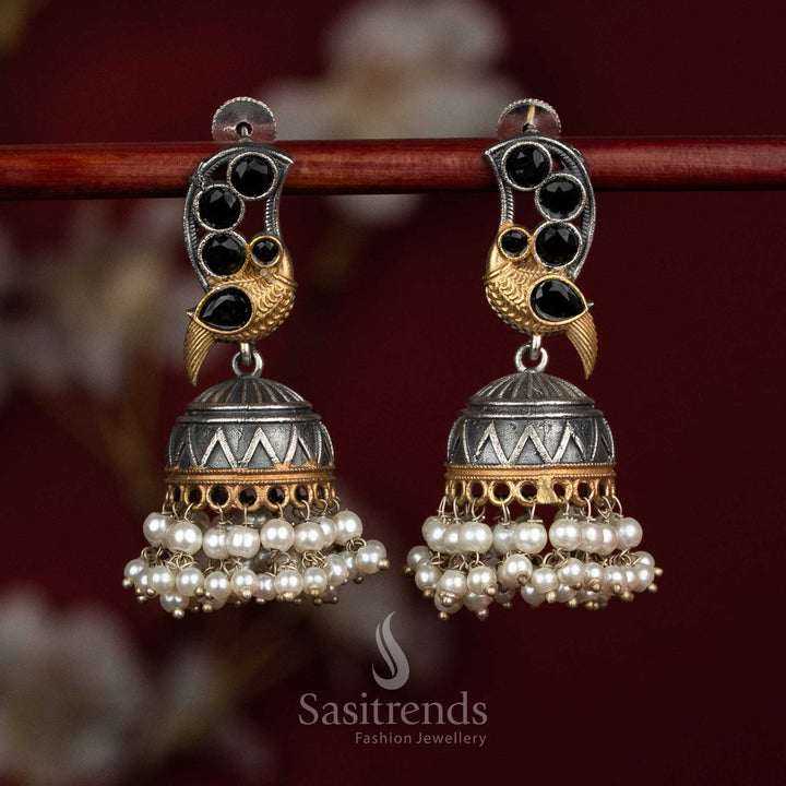 Bold tradition oxidised black silver dual tone peacock Monalisa jhumkas with pearl drop earrings for cultural - jewellery - Sasitrends