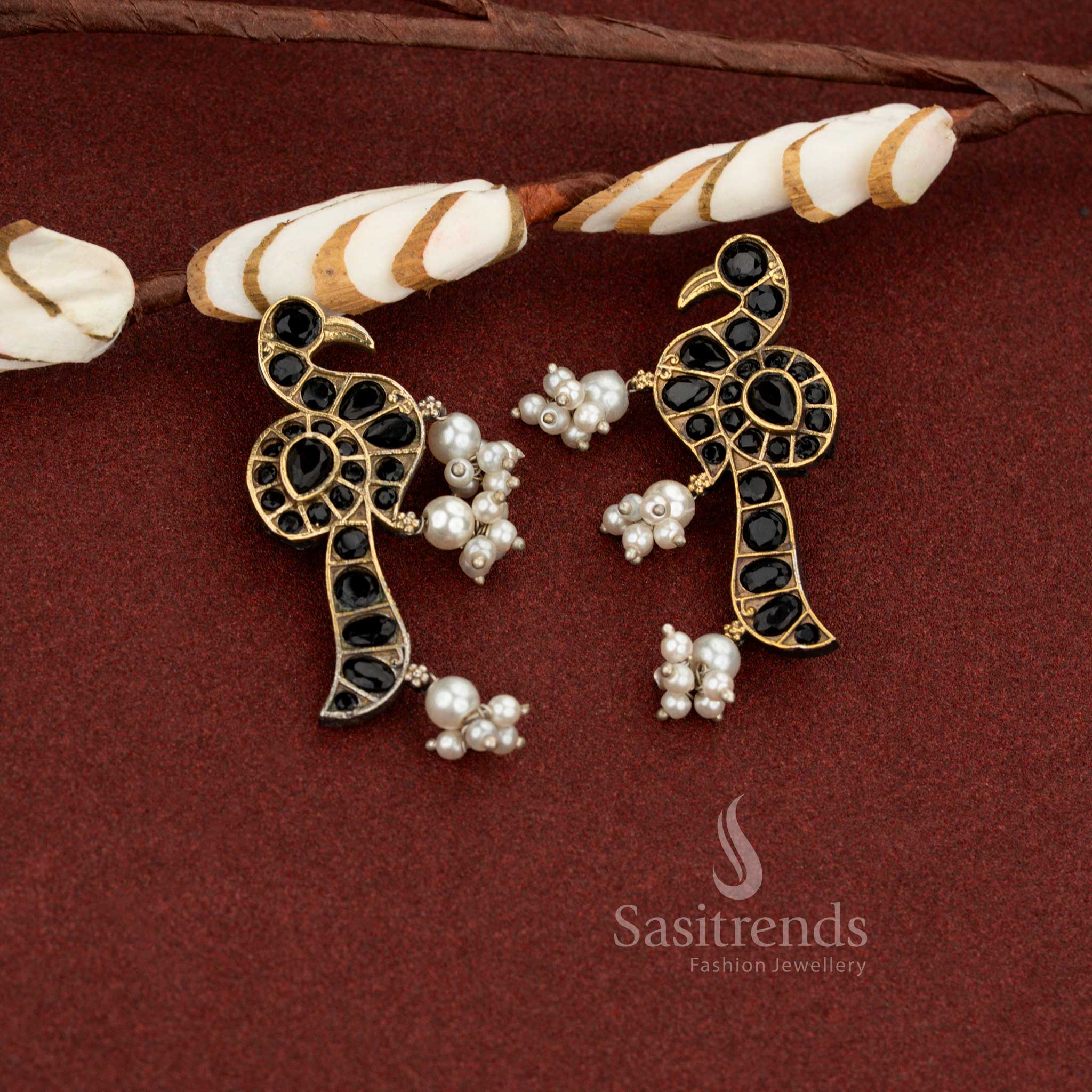 Obsidian tradition black antique oxidised peacock pearl drop stone earrings perfect for bold ethnic looks and festive occasions – Sasitrends