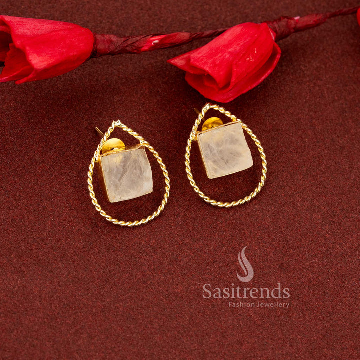 Contemporary pear shaped natural grey-white stone rope textured gold plated stud earrings designed for office polish, college style and refined daily wear - Sasitrends