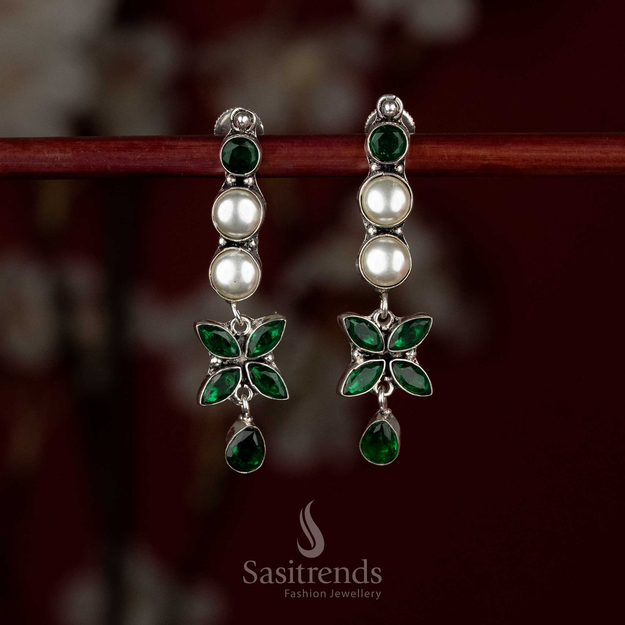 Elite oxidised silver pearl-green linear floral drop earrings for modern everyday styling and office pairing – Sasitrends 