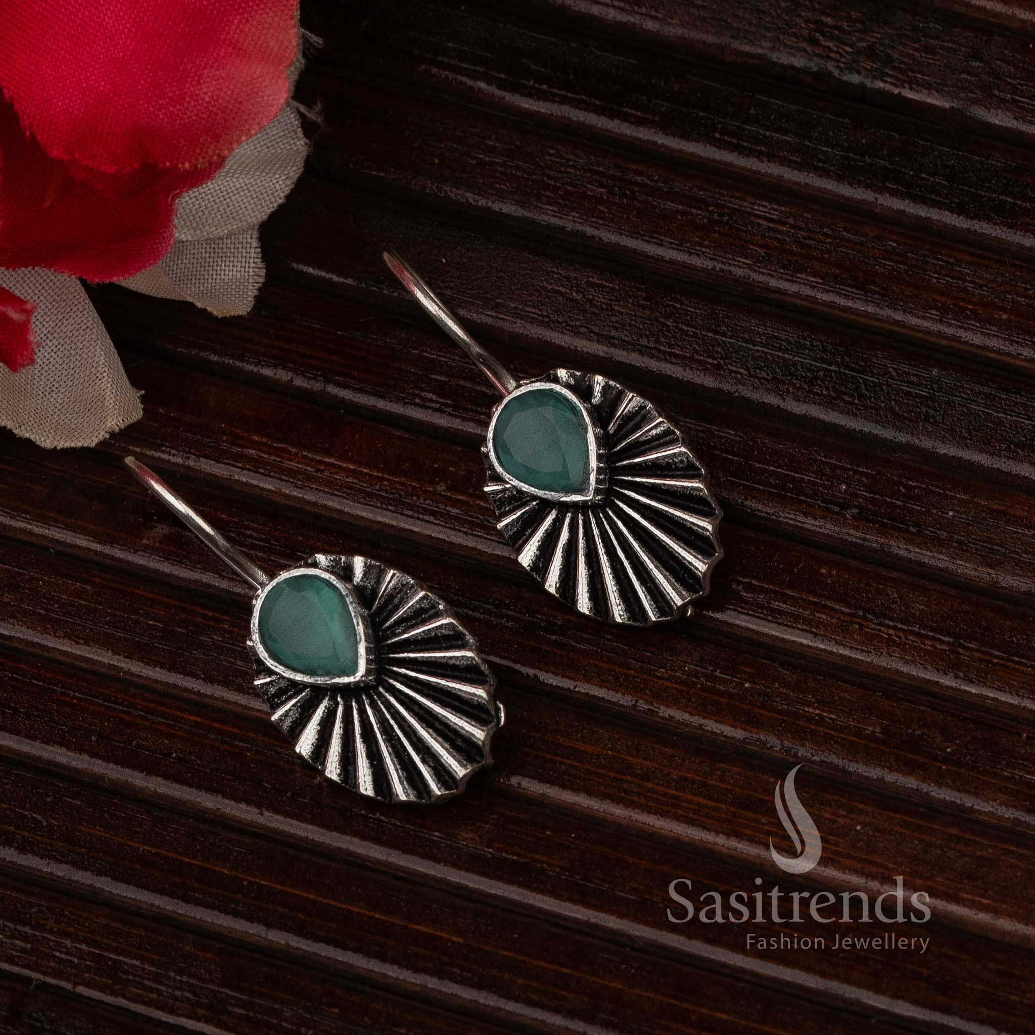 Mint Oval Stone Water drop Oxidised Silver Earrings for Navarathiri Festivities