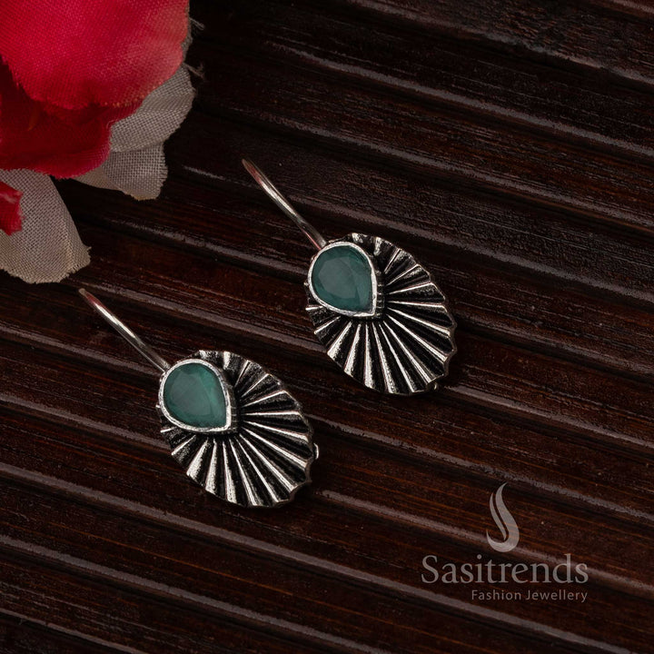Mint Oval Stone Water drop Oxidised Silver Earrings for Navarathiri Festivities
