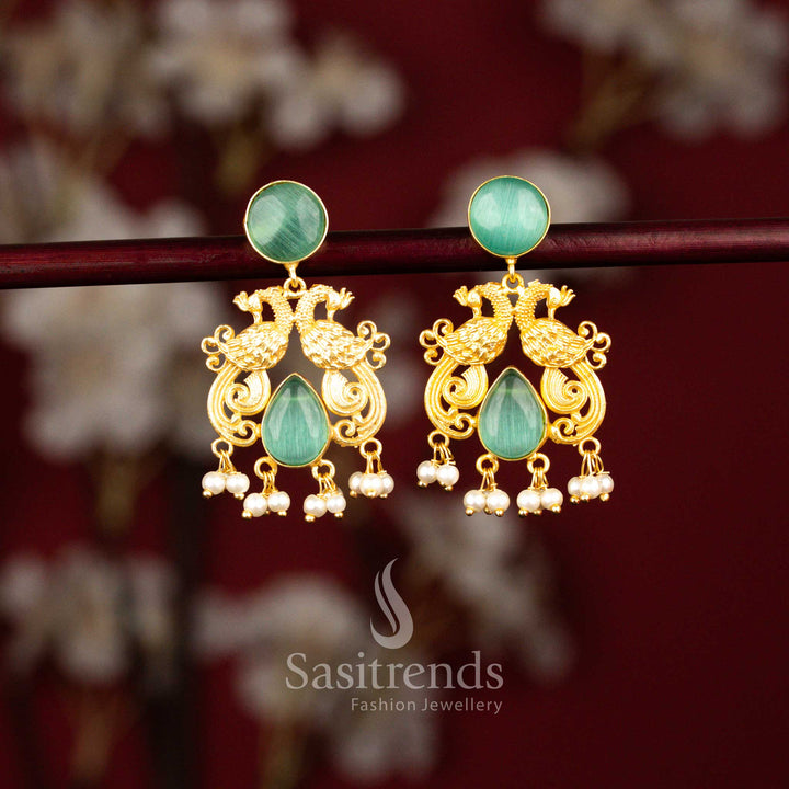 Graceful 24K gold plated dual peacock circular teardrop stone earrings decorated with pearl accents in refreshing mint colour – Sasitrends