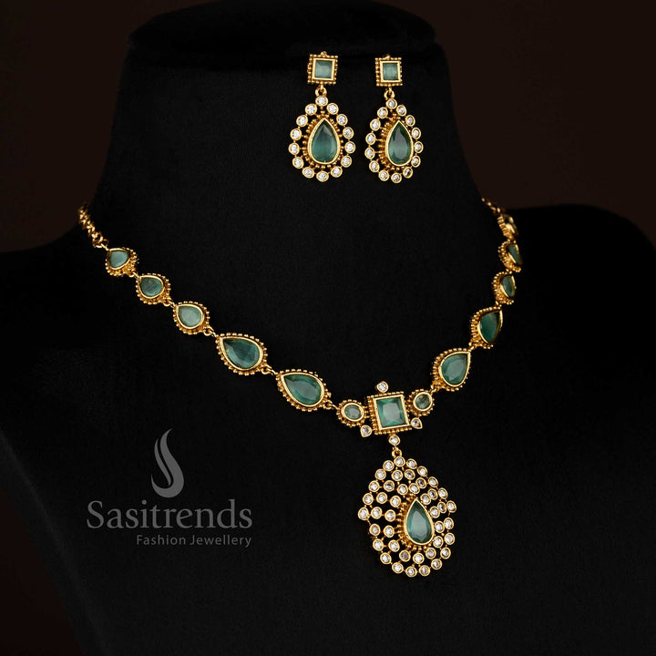Attractive Matte Gold Plated American Diamond Teardrop Stone Square Motif Short & Long Necklace Jewellery Set for Festive Occasion Wear