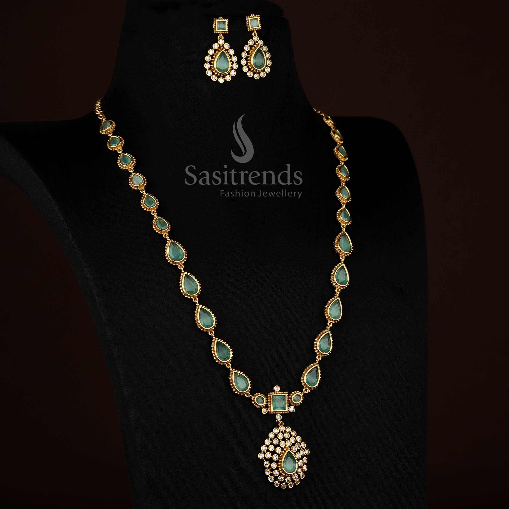 Graceful mint American Diamond matte gold plated teardrop stone long necklace perfect for festive styling - Sasitrends