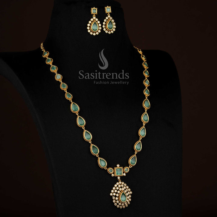 Graceful mint American Diamond matte gold plated teardrop stone long necklace perfect for festive styling - Sasitrends