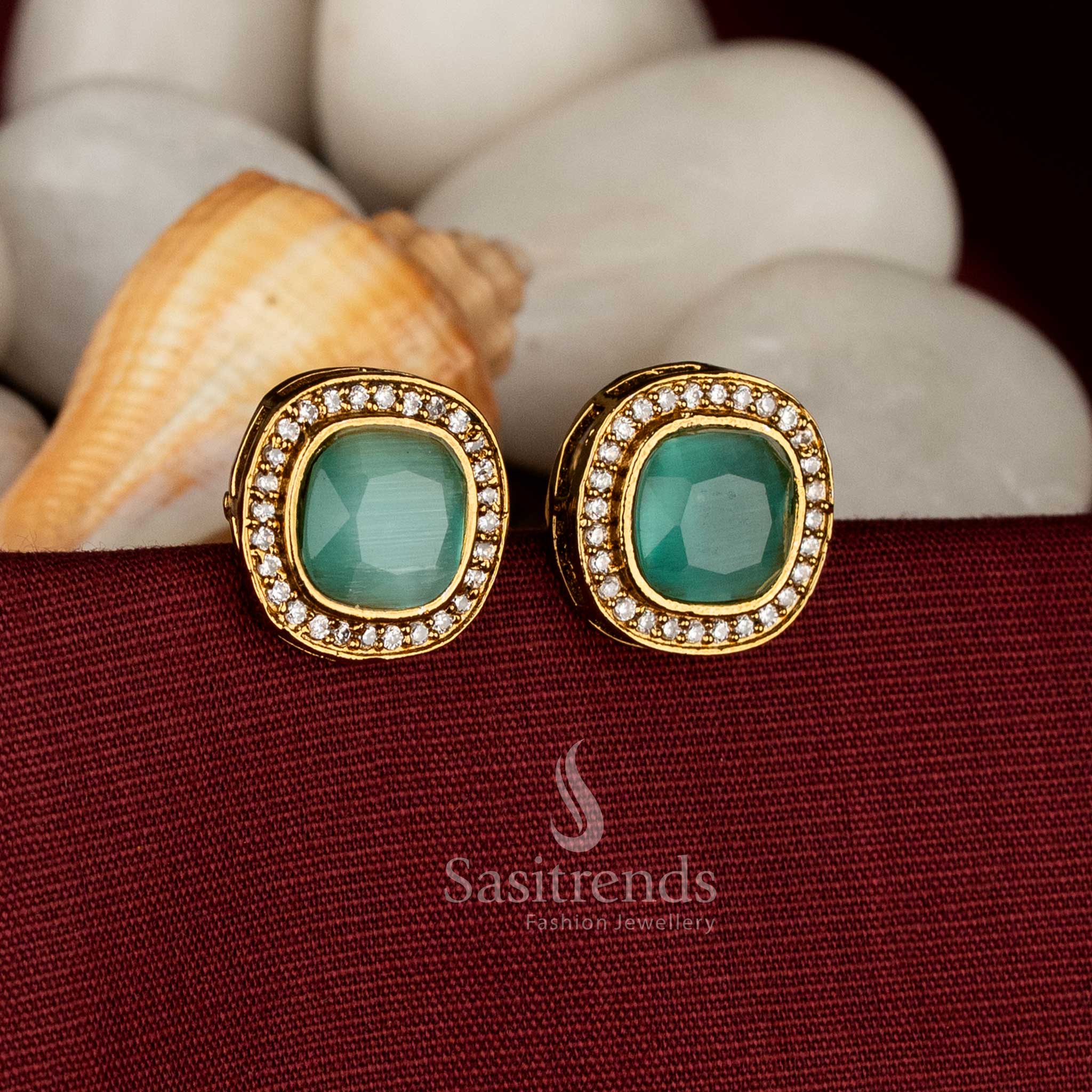 Emerald whisper Victorian square AD stone stud earrings in mint, perfect for party and wedding events – Sasitrends