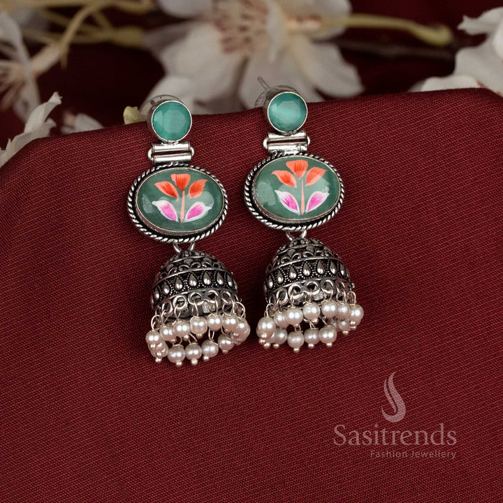 Softmint hand-painted oxidised jhumka earrings adorned with mint Monalisa stones for elegant festive and traditional celebration styling – Sasitrends