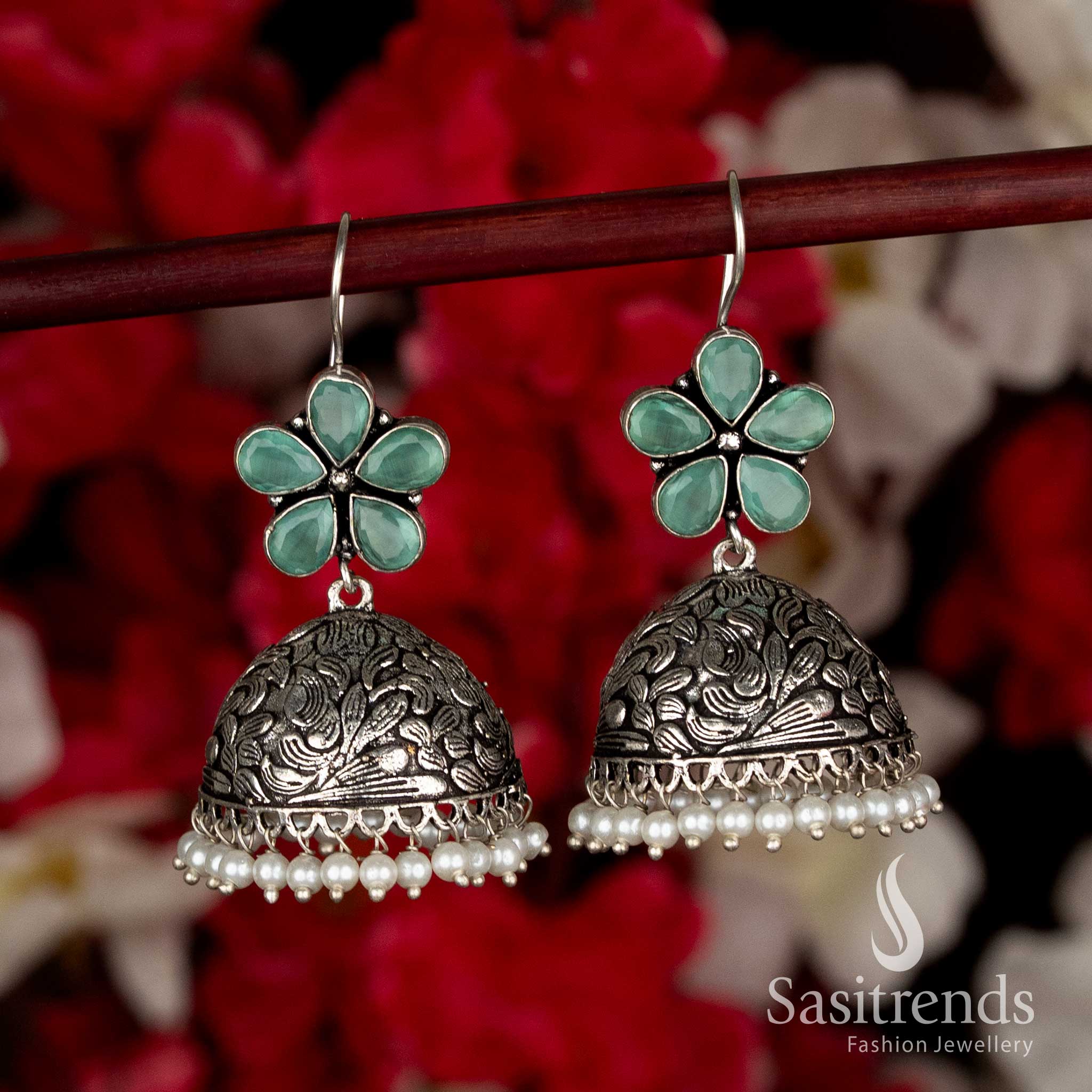 Refreshing Mint Green Ethnic Oxidised Floral Jhumkas with Pearl Drops and Fish-Hook Closure, Perfect for Party Black Saree Navaratri Styling-Sasitrends