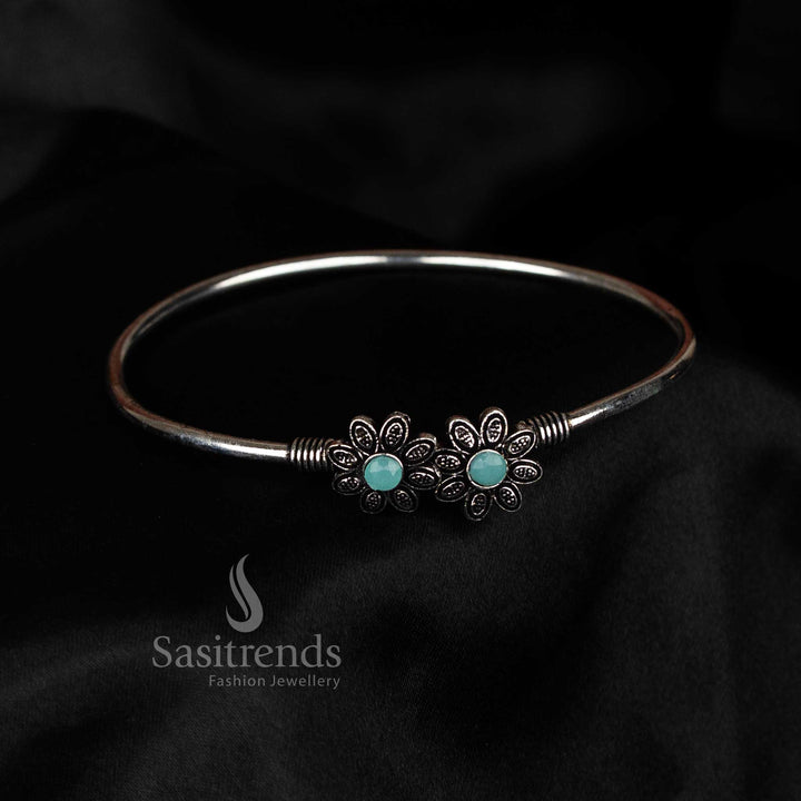 Festive and casual style oxidised floral dual motif Mint stone bracelet for women hand jewellery – Sasitrends