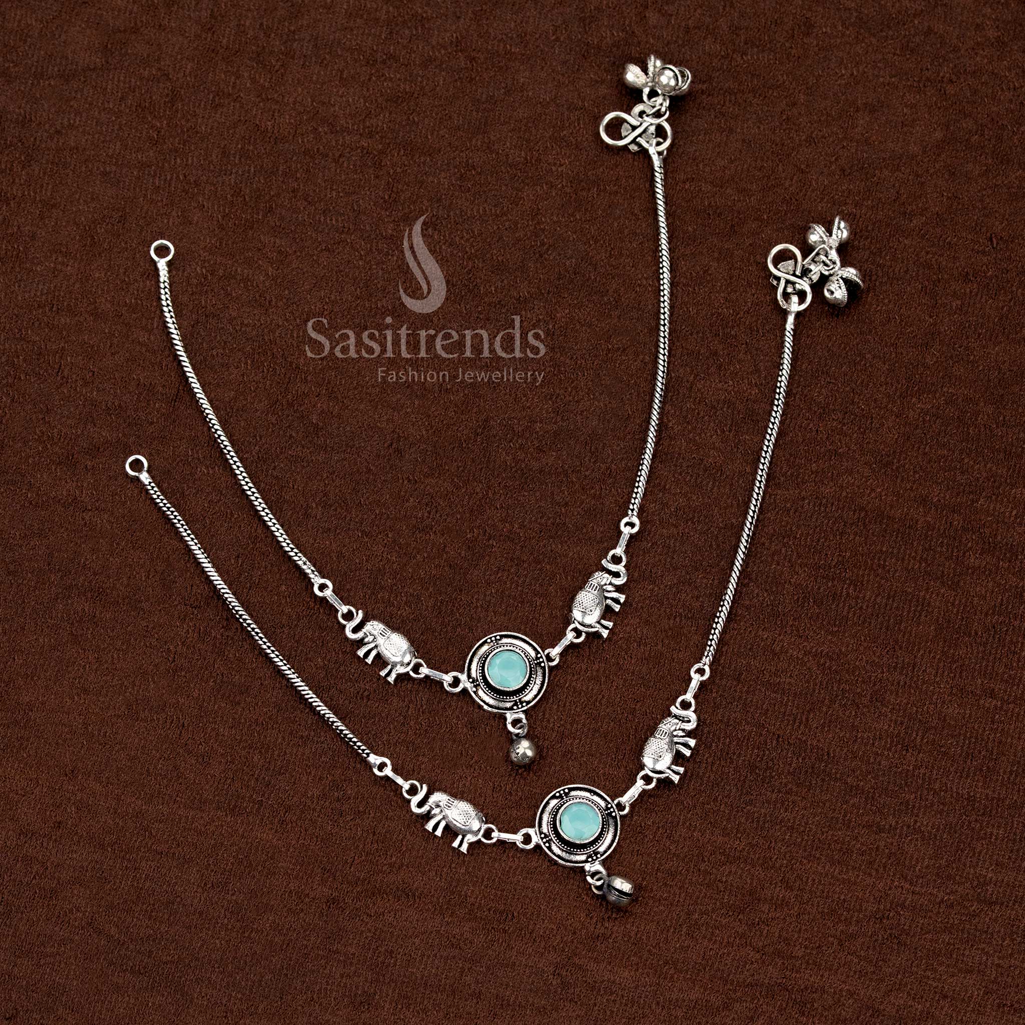 Mint oxidised Monalisa stone elephant anklets with circular motifs perfect for festive and cultural styling – Sasitrends