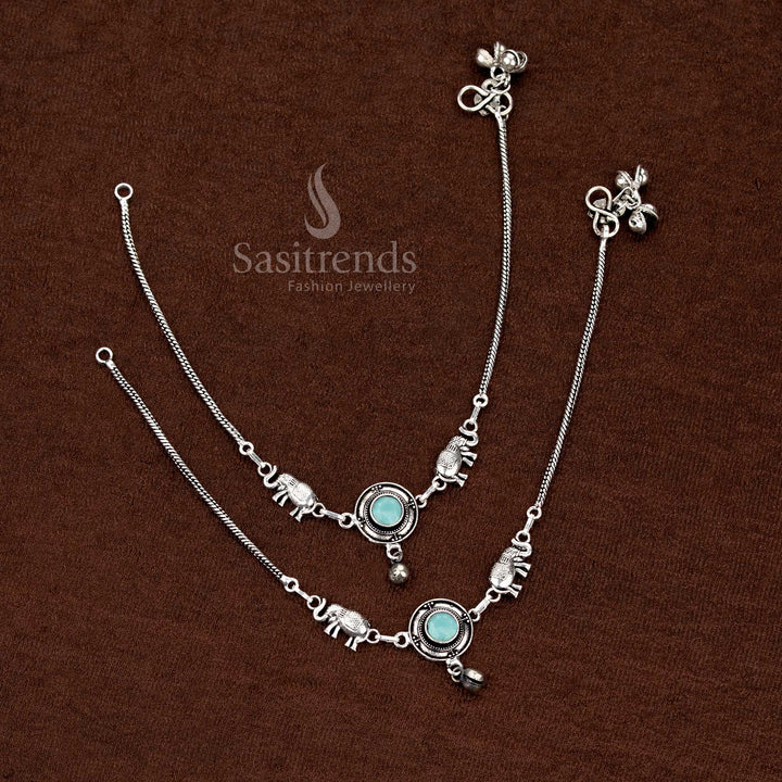 Mint oxidised Monalisa stone elephant anklets with circular motifs perfect for festive and cultural styling – Sasitrends