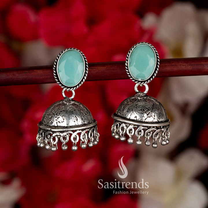 Pretty mint oxidised oval stone jhumka earrings with bead drops that enhance ethnic elegance and black saree glamour by Sasitrends