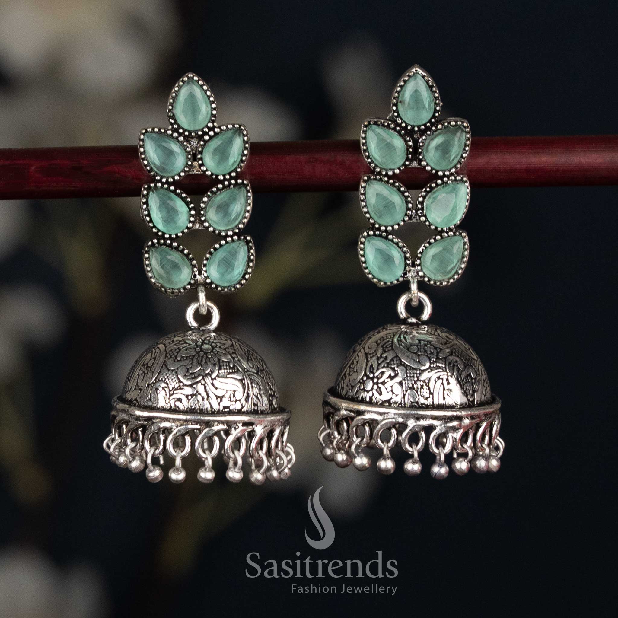 Fresh mint oxidised petal cluster stud jhumka earrings featuring textured dome for graceful ethnic looks - Sasitrends