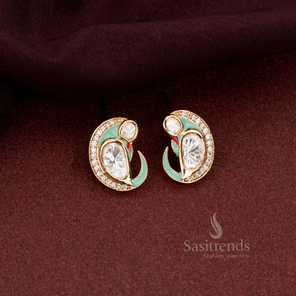 Elegant Mint Kundan Stud Earrings In Paisley Mango Shape With Enamel And Swirl Finish For Festivals - Sasitrends