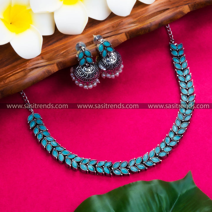 Elegant Oxidised Stones Jewellery Set with Leaf Motifs - Sasitrends - Sasitrends