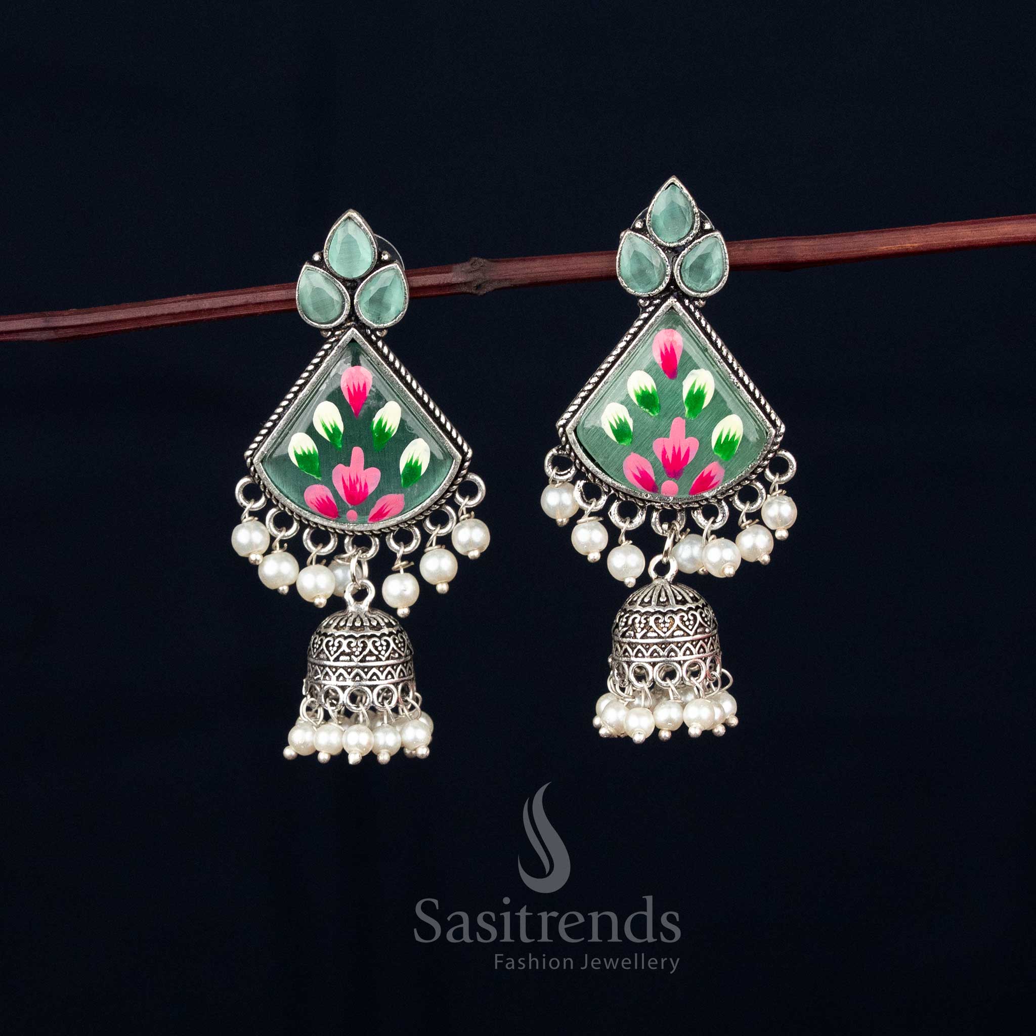 Frostleaf oxidised mint Monalisa stone triangular jhumka earrings featuring pearl drops for elegant Navaratri celebration – Sasitrends