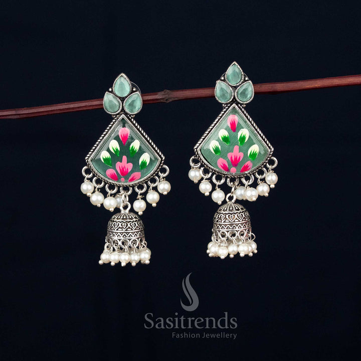 Frostleaf oxidised mint Monalisa stone triangular jhumka earrings featuring pearl drops for elegant Navaratri celebration – Sasitrends