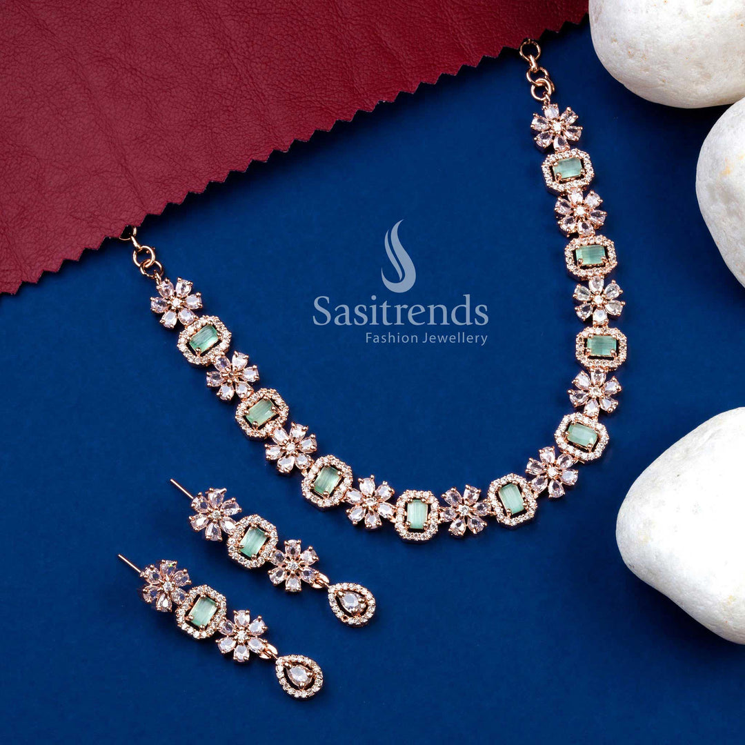 Stylish rose gold plated mint AD bloom necklace set with modish earrings for event styling – Sasitrends
