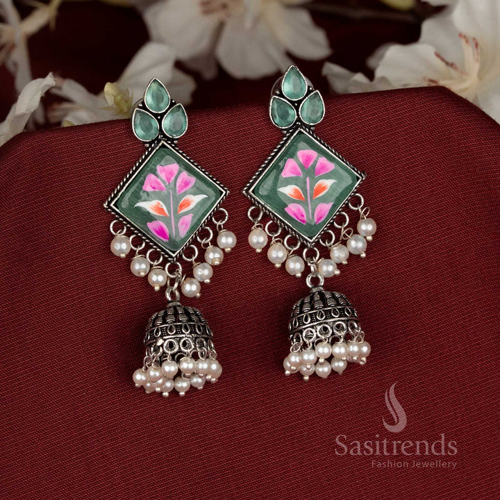 Oxidised mint Monalisa stone jhumka earrings offering fresh fashion fiesta appeal with sparkling diamond-cut texture – Sasitrends