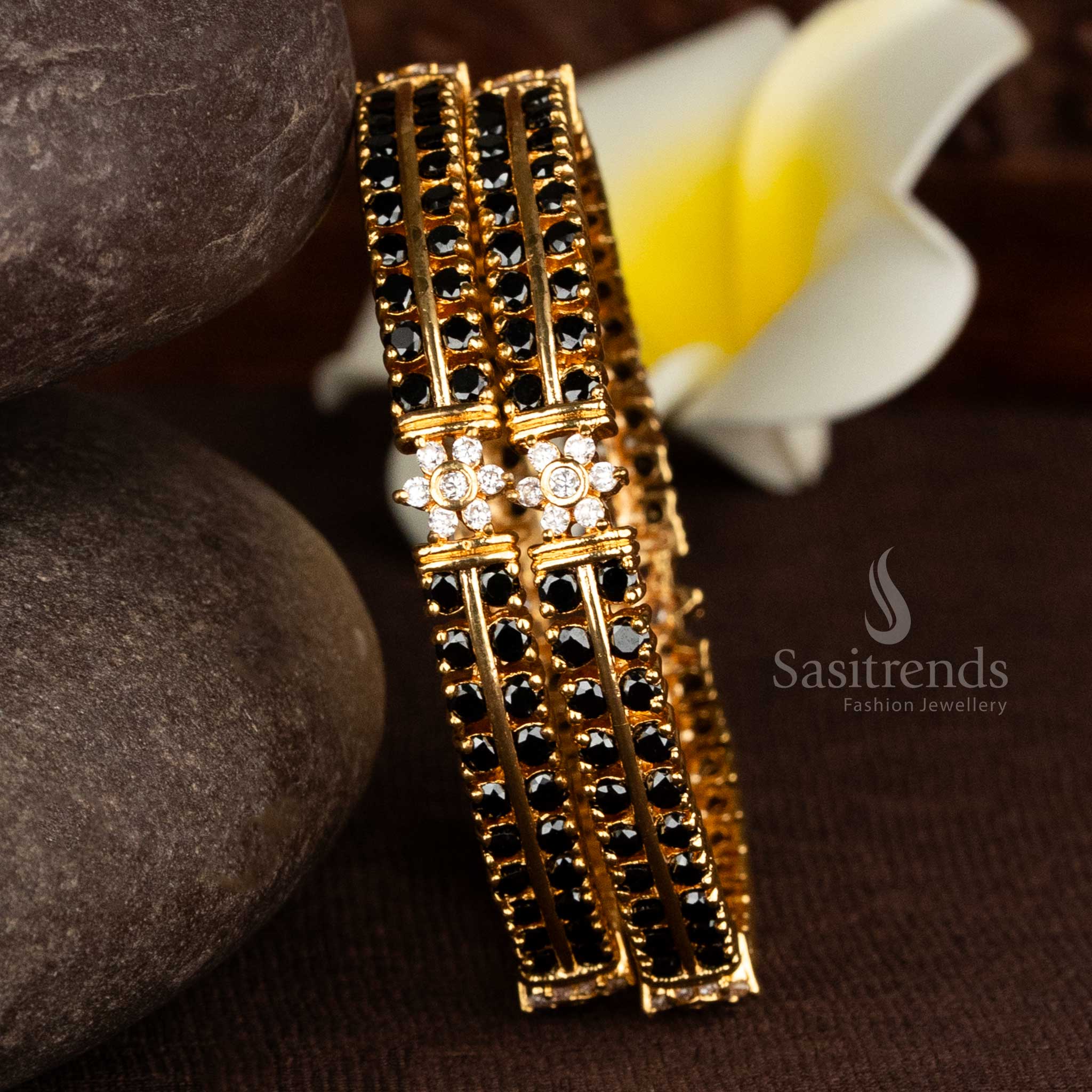 Bold fusion micro gold plated black white AD floral twin line bangles with assured style jewellery - Sasitrends