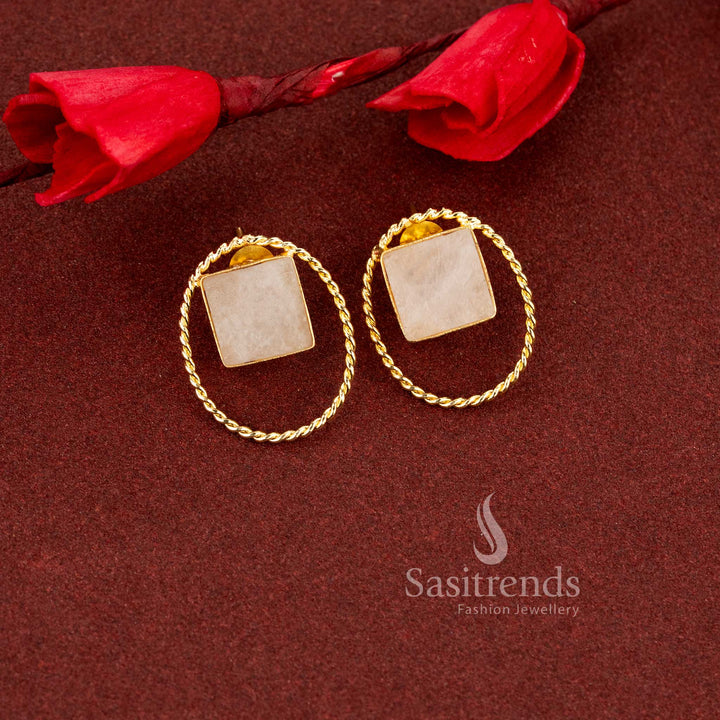 Smooth oval natural grey-white stone rope border gold plated stud earrings styled for versatile office dressing, lectures and daily comfort wear - Sasitrends